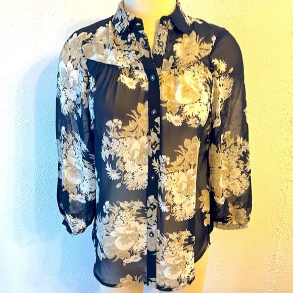 NWT Philosophy Republic Clothing Navy Chiffon Floral Print Button Down Blouse S - Picture 1 of 6